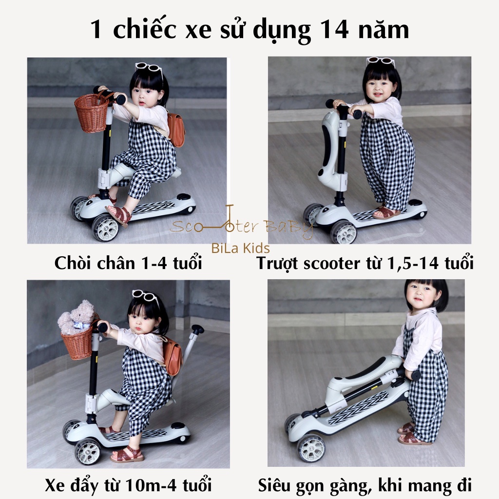 Xe scooter chòi chân cho bé BILA KIDS từ 1-14 tuổi, có ghế, tay đẩy, tải trọng 100kg Siêu bền, scoot and ride