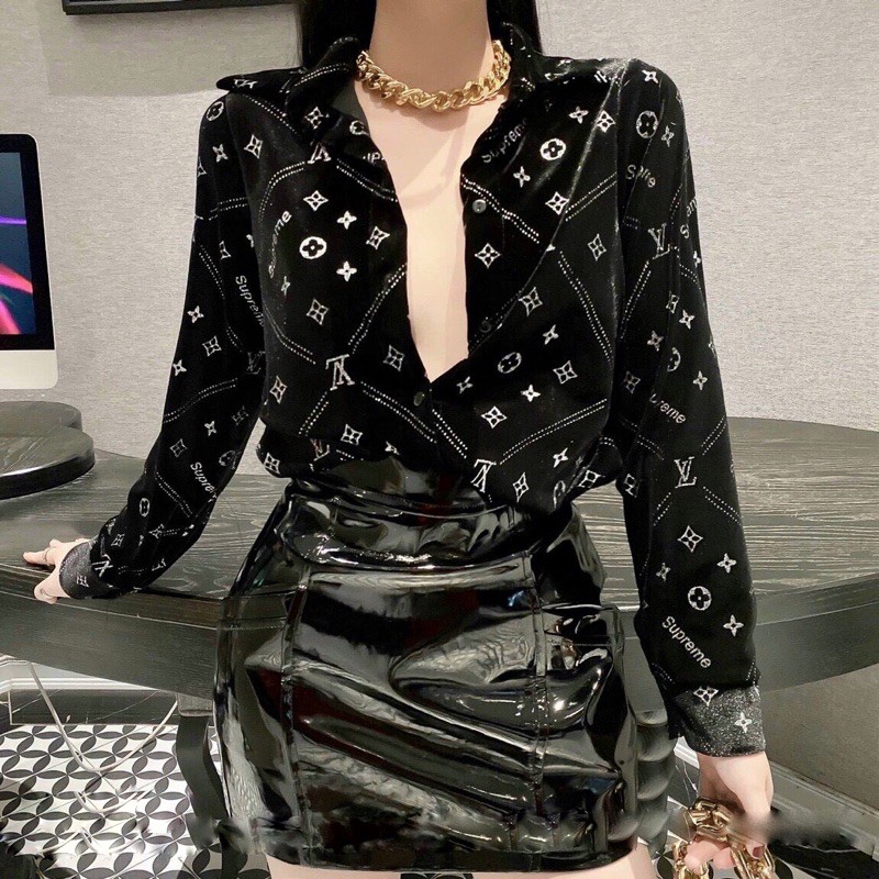 SÉT ÁO NHUNG CHỮ NHŨ MIX CHÂN VÁY DA BÓNG