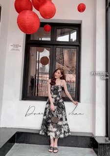 Đầm lụa xòe loang màu cúp ngực 2 dây