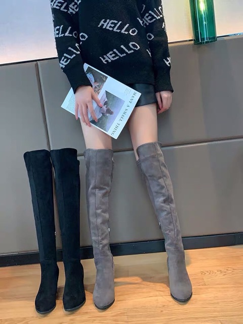 Bốt đùi nữ da lộn lót lông gót vuông cao 7cm có khoá kéo