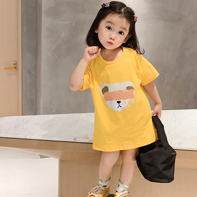 Đầm suông tay ngắn họa tiết hoạt hình phong cách Hàn Quốc thời trang mùa hè cho bé gái