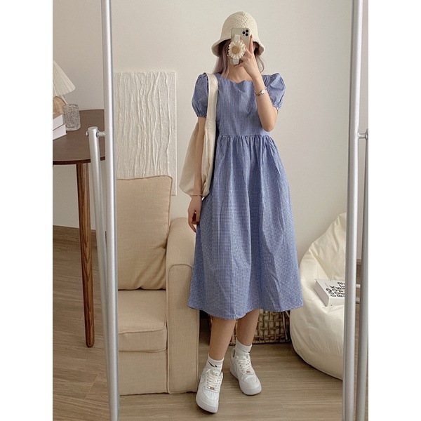 ĐẦM BABYDOLL CARO DRESS thiết kế váy tay bồng nhẹ form suông dáng dài tone màu trẻ trung style ullzang hàn quốc tiểu thư