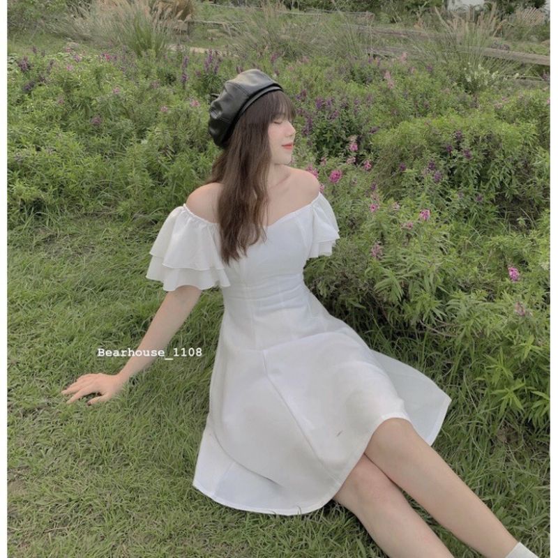 Váy trắng trễ vai tay bồng dáng xoè Có Khoá Lưng MaxiHàng 2 lớp đầm Vintage cánh tiên tiểu thư Rớt vai