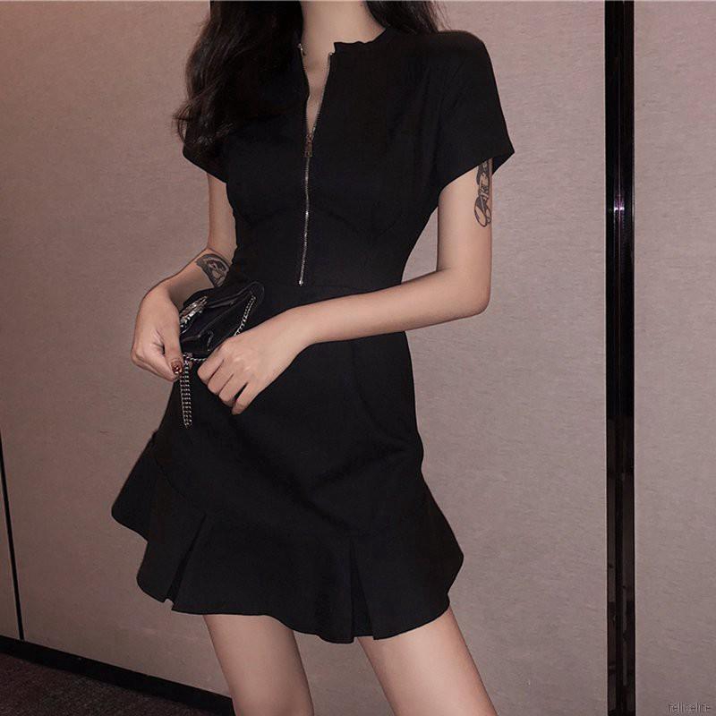 Váy nữ mini lưng cao có dây kéo màu trơn