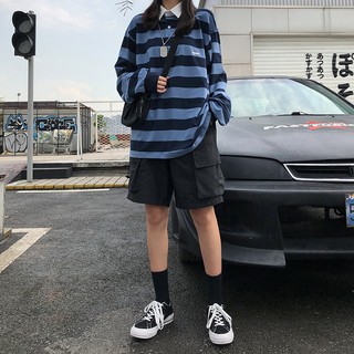 Áo sweater có cổ dài tay họa tiết sọc ngang năng động thời trang xuân thu theo phong cách nhật bản dành chho cặp đôi
