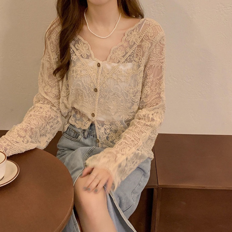 Áo Khoác Cardigan Tay Dài Cổ Chữ V Xuyên Thấu Thời Trang Mùa Hè Quyến Rũ Cho Nữ