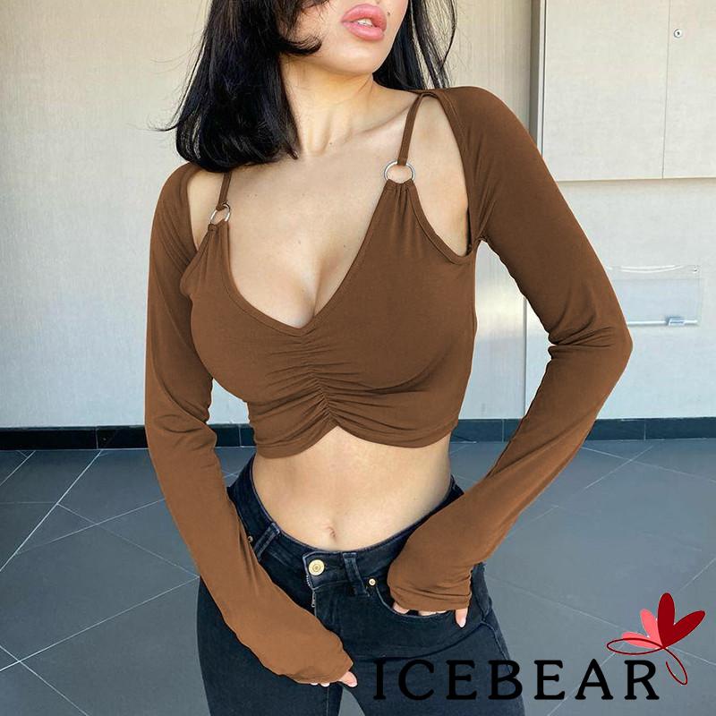 ICE-Women´s Crop Tops Solid Color Deep V Neck Long Sleeves Cropped Navel Shirt Blouse
