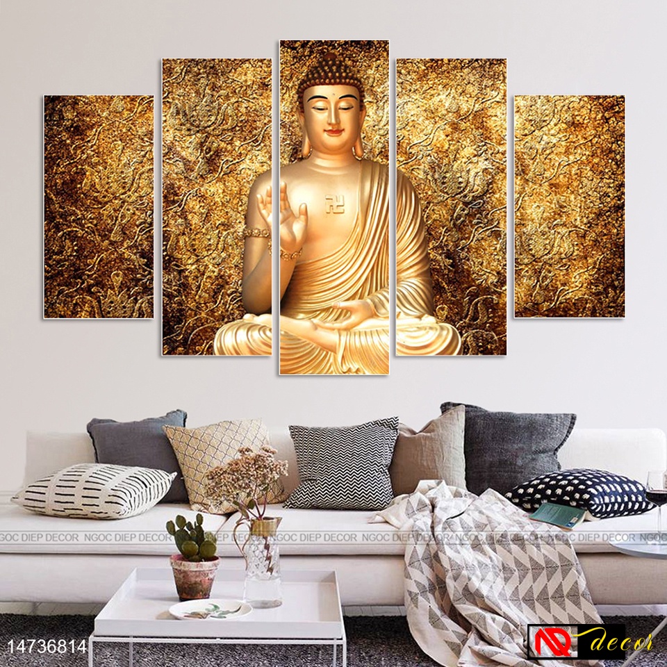 Bộ 5 tấm tranh dán tường Phật - Tranh decor chất liệu gỗ nhựa, kèm băng dính xốp