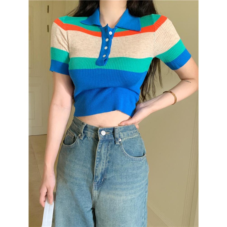 Cocory vn Áo Croptop Dệt Kim Tay Ngắn Cổ Polo Họa Tiết Kẻ Sọc Thời Trang Quyến Rũ Cho Nữ