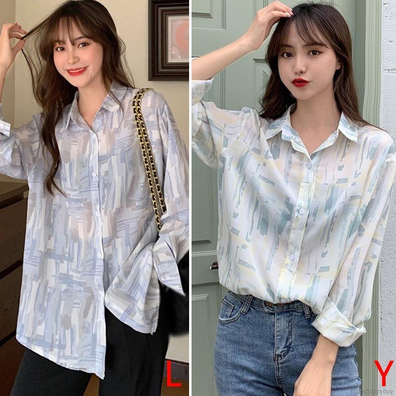 Áo sơ mi nữ ngoại cỡ tay dài họa tiết sơn dầu phong cách Hàn Quốc