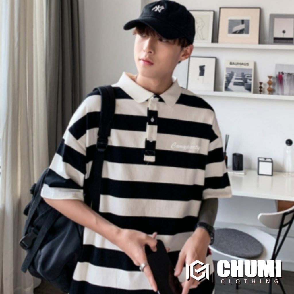 Áo polo unisex CHUMI tay lỡ nam nữ kẻ sọc ngang trắng đen vàng xanh form rộng thời trang phong cách hàn quốc cm006