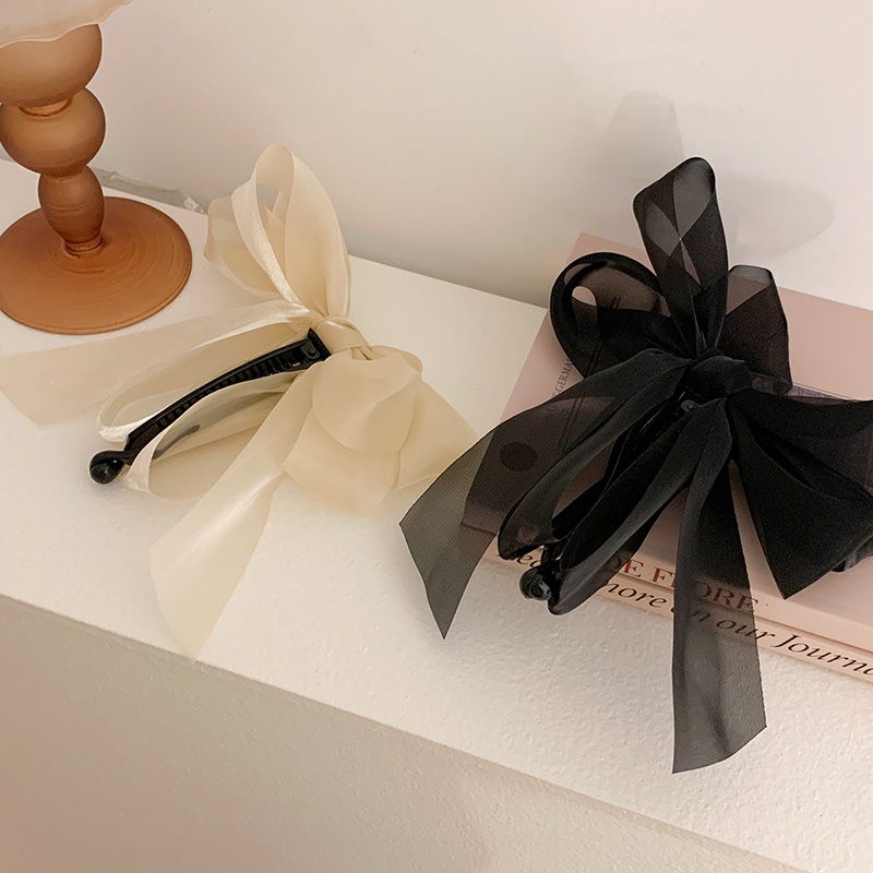 Kẹp Tóc Nơ Vải Chiffon Phối Lưới Cố Định Tóc Đuôi Ngựa Cho Nữ