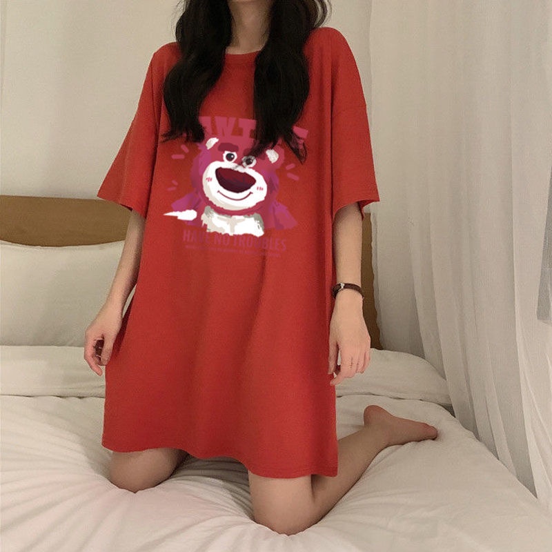 Đồ ngủ Tay Ngắn Cổ Tròn In Hình Gấu Và Dâu Tây Dễ Thương Thời Trang Mùa Hè Cho Nữ