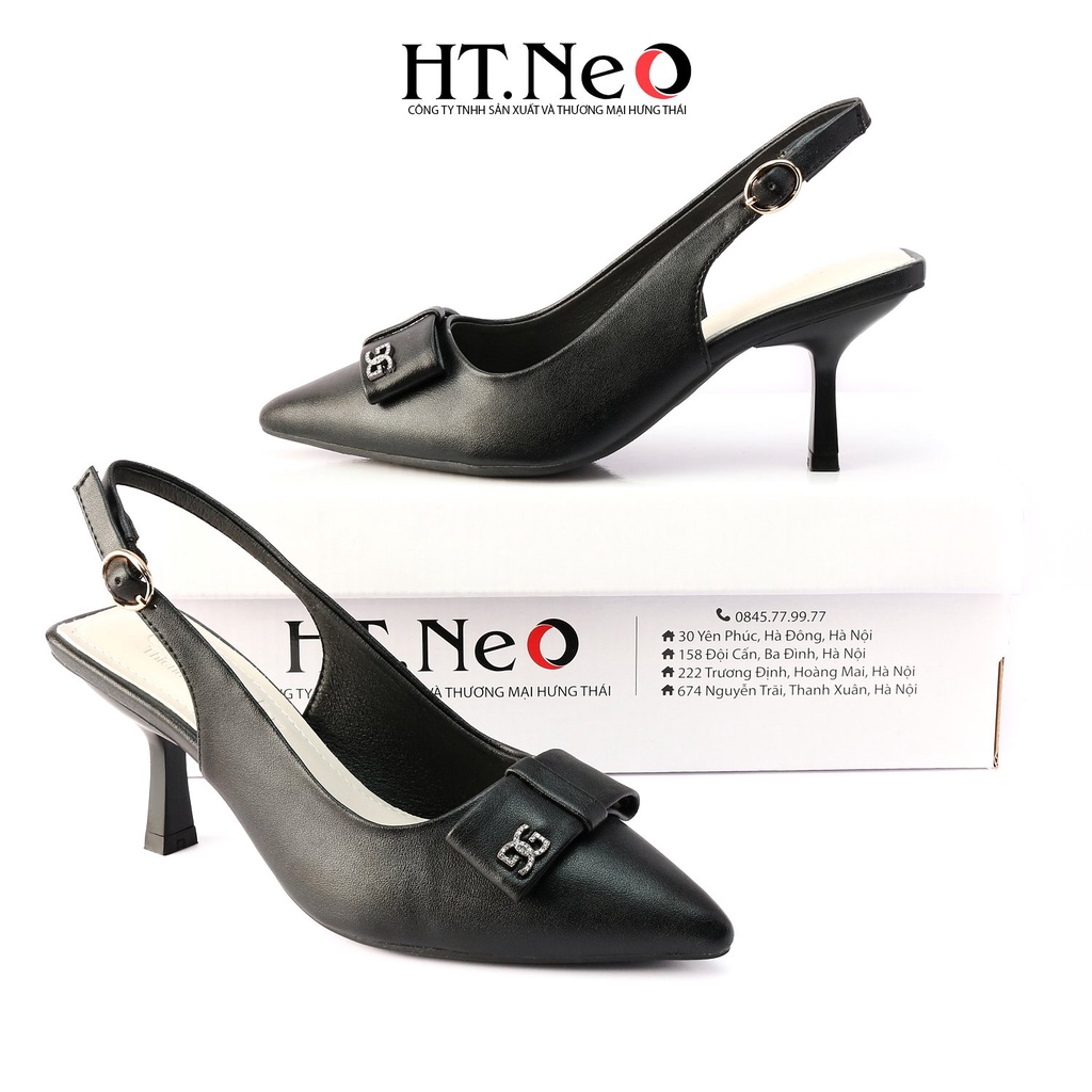 Sandal nữ quai hậu HT.NEO Da bò mềm mại, thiết kế trẻ trung gót trụ mũi nhọn, đính nơ, khuy kim loại SDN128