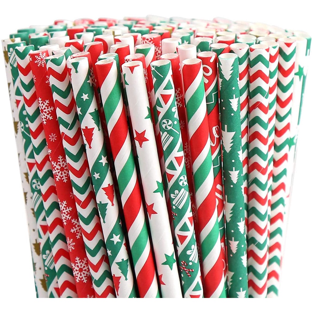 Set 25 Ống Hút Giấy Họa Tiết Chấm Bi / Ngôi Sao / Cây Thông Giáng Sinh / Năm Mới Có Thể Phân Hủy Sinh Học