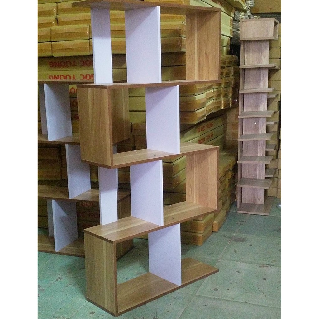 Kệ sách díc dắc mẫu mới 4 tầng 2 màu gỗ và trắng