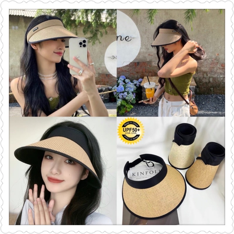 Mũ cói hở chóp vành rộng chống nắng tia uv hoạ tiết chữ , phụ kiện thời trang nữ