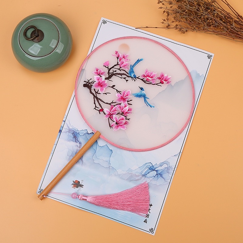 Quạt tròn cổ trang thêu hoa mộc Lan và đôi chim 2 mặt