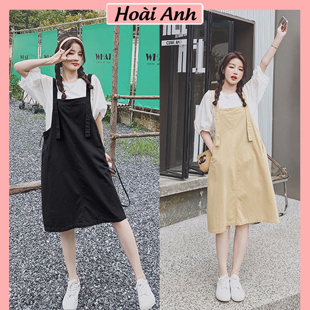 Set Váy Yếm Ulzzang Yếm Váy Dáng Dài Chất Thô Mềm Mix Áo Lụa Tay Phồng Freesize