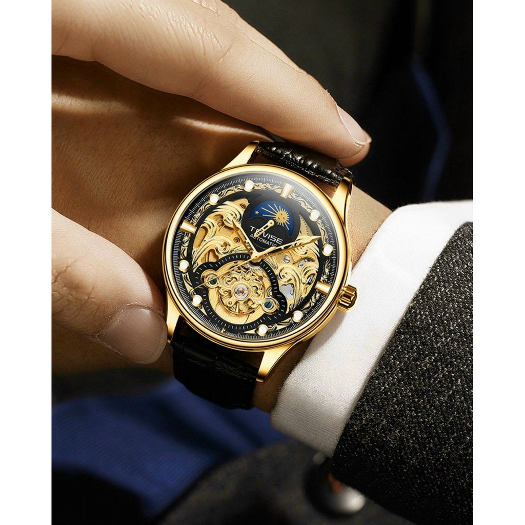 Đồng hồ cơ nam Automatic không cần pin, đồng hồ nam dây da TEVISE mẫu mã thời trang, chống nước, cao cấp