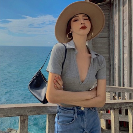 Áo thun ZHELIHANGFEI ngắn tay cổ chữ V cắt sâu lưng cao thời trang mùa hè 2022 cho nữ