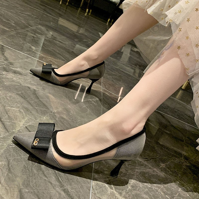 ☌▨™Single shoes women s mesh high heels 2021 new spring and autumn pointed toe stiletto black feminine temperament fairy