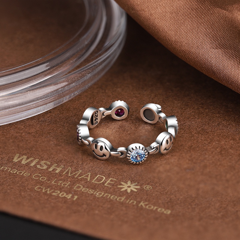 Nhẫn Mạ Bạc Đính Đá Zircon Hình Mặt Cười Màu Cầu Vồng Thời Trang Cho Nữ