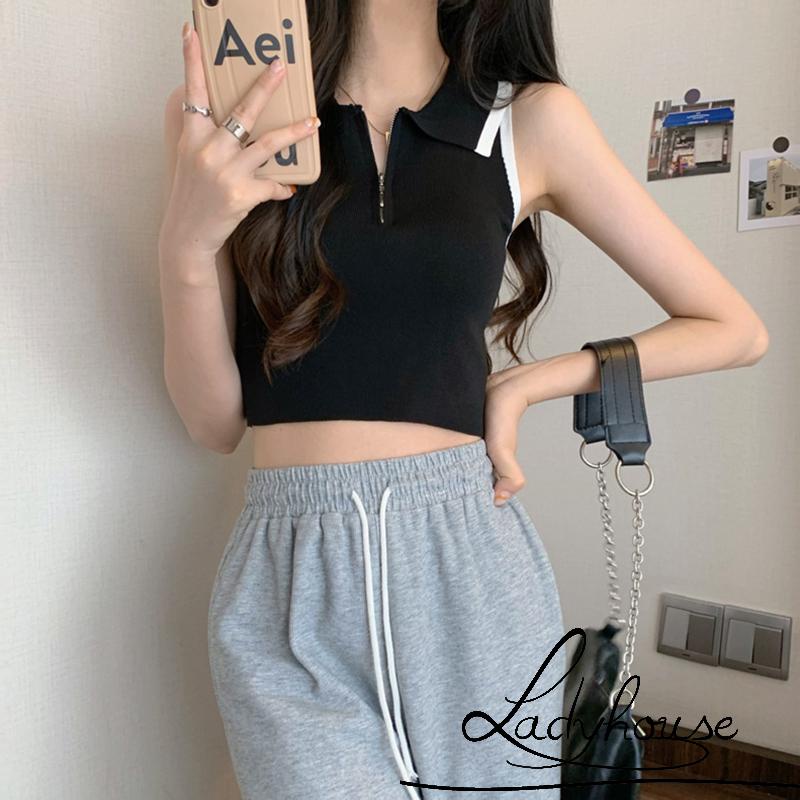 Áo Croptop Sát Nách Cổ Bẻ Cài Khóa Kéo Thời Trang Mùa Hè Cho Nữ