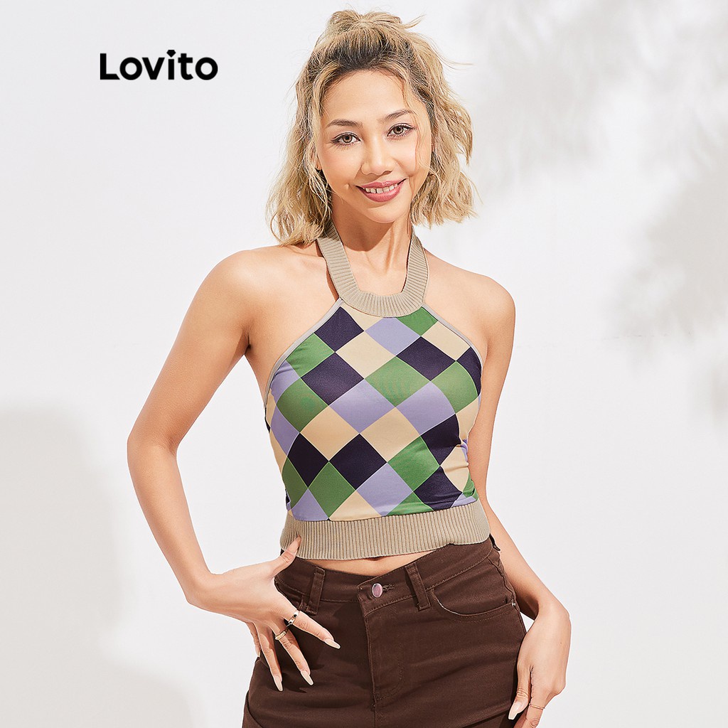 Áo Lovito dệt kim kẻ sọc hình học hở lưng phong cách cổ điển L16E029 (Màu tím/đỏ)