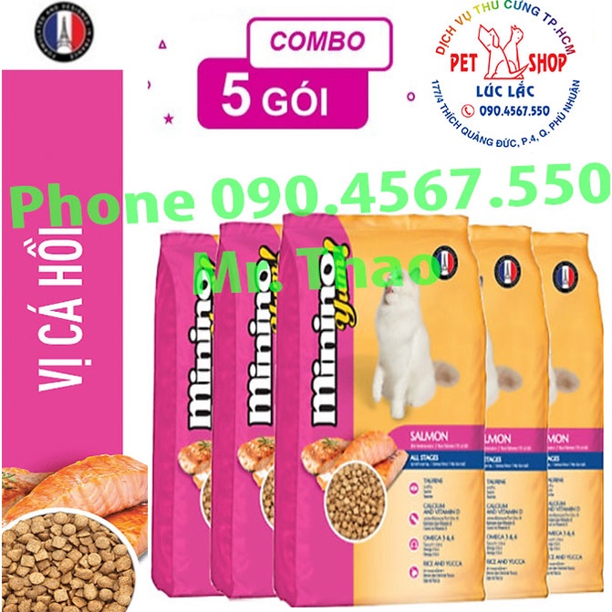 Combo 05 Gói x 350 gram Thức ăn cho mèo mọi lứa tuổi Minino Yum Salmon - Thức ăn cho mèo Vị Cá Hồi
