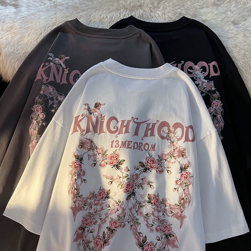Áo Thun Cotton Ngắn Tay Dáng Rộng In Hình Hoa Hồng Thắt Nơ Kiểu Retro Mỹ Cho Cặp Đôi