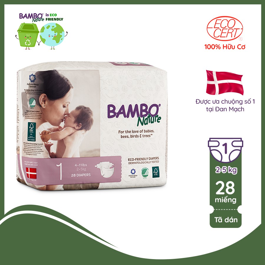 Tã Dán 100% Hữu Cơ Bambo Nature - Nhập Khẩu Đan Mạch - 2-5kg - NB28 - 28 miếng