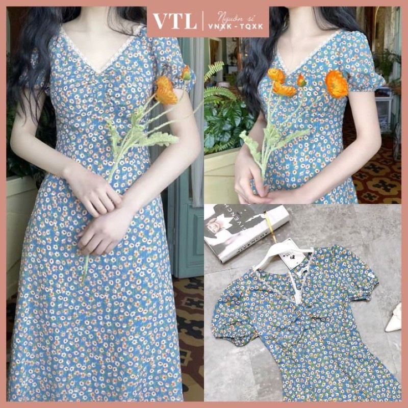 VÁY CỔ REN HOA NHÍ XANH MAXI CỔ ĐIỂN