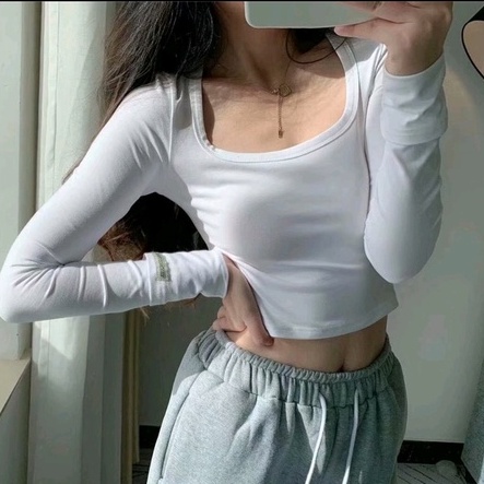 [ Chuyên sỉ ] Áo Croptop Tay Dài Cổ Vuông - Áo Thun Dài Tay Cổ Vuông