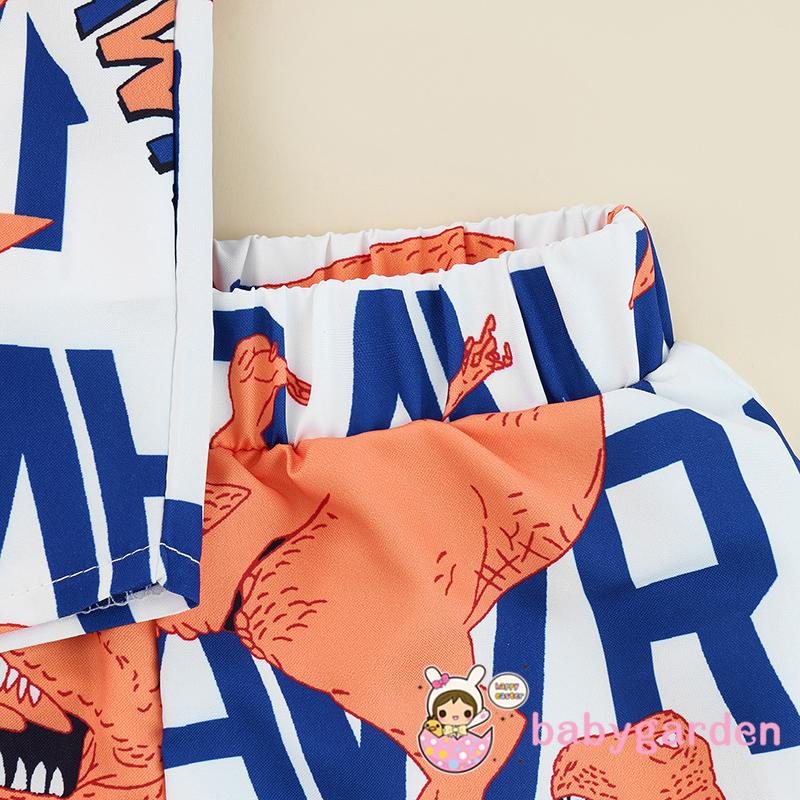 Bộ Áo Sơ Mi Cổ Bẻ In Chữ + Quần Short In Họa Tiết Khủng Long Phối Hàng Nút Thời Trang Mùa Hè Cho Bé Trai 2-7 Tuổi