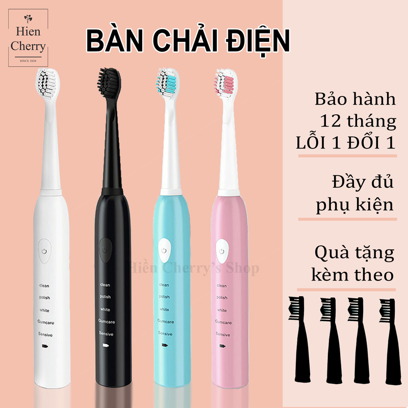 Bàn chải đánh răng, Bàn chải điện công nghệ rung sóng âm cao cấp tặng kèm 4 đầu bàn chải