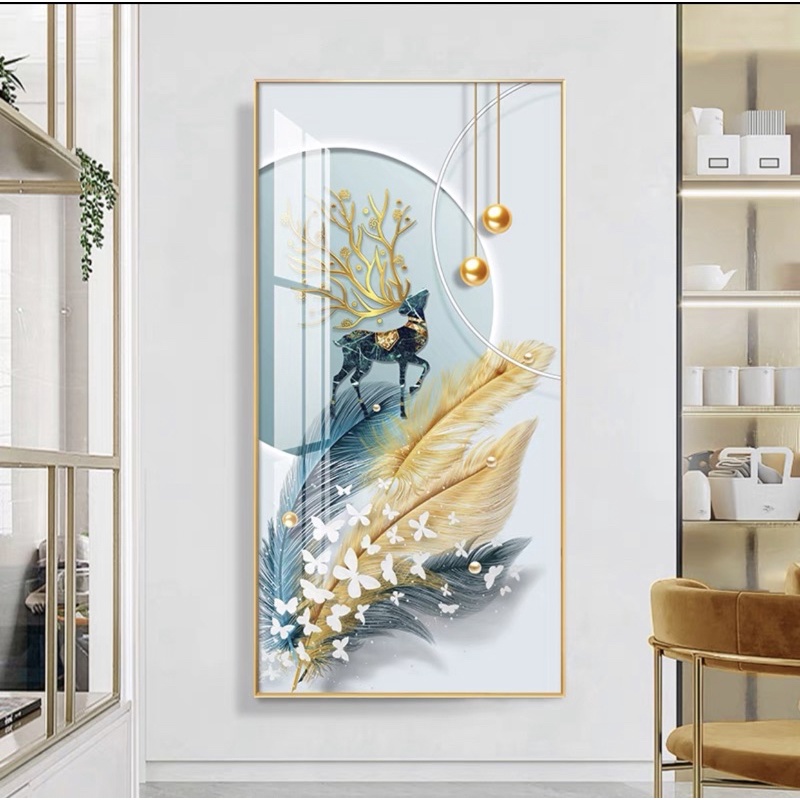 Tranh Treo Tường Lối Vào Tráng gương Phòng Khách/ Ngủ/ Phòng ăn/ Nhà Hàng Khách Cầu Thang Hươu Lông Vũ lá bạch quả may