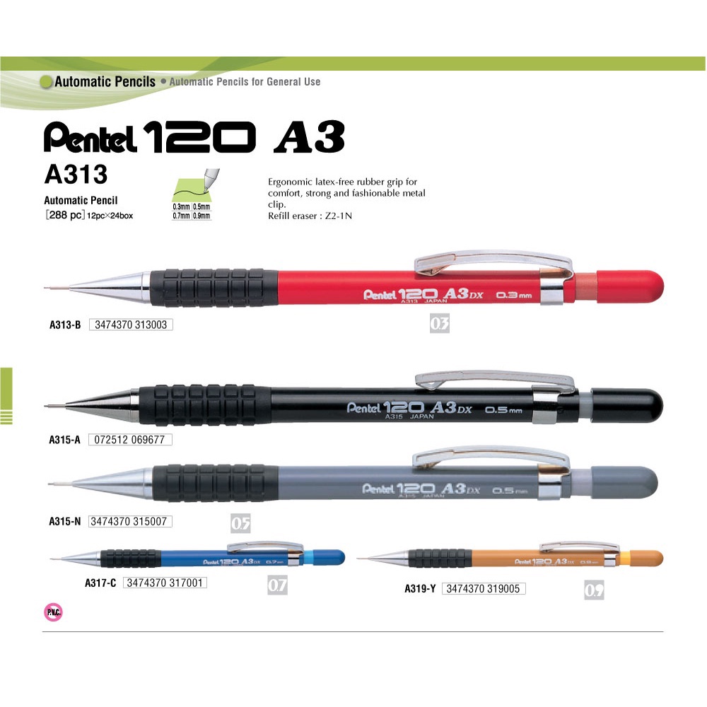 Chì Kim Kỹ Thuật Pentel 120 A3 | Ngòi Thép Chắc Chắn | Hạn Chế Gãy Ngòi | 4 Cỡ Ngòi