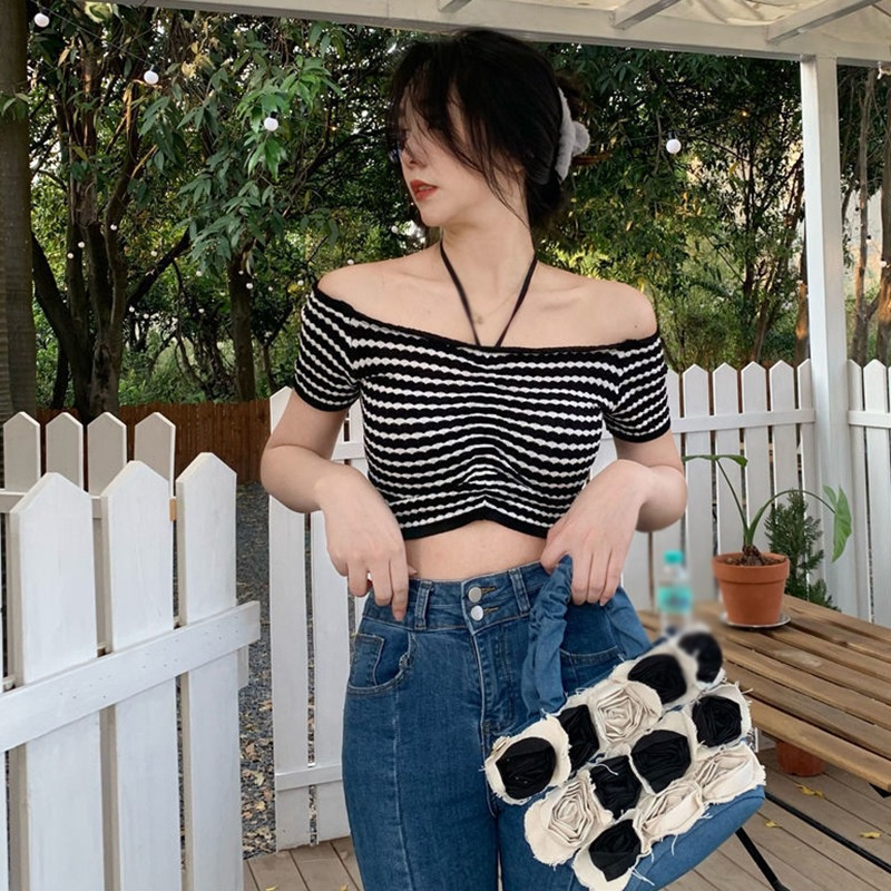 Áo Thun Croptop Dệt Kim Tay Ngắn Hở Rốn Phối Dây Rút Phong Cách Hàn Quốc Quyến Rũ Cho Nữ