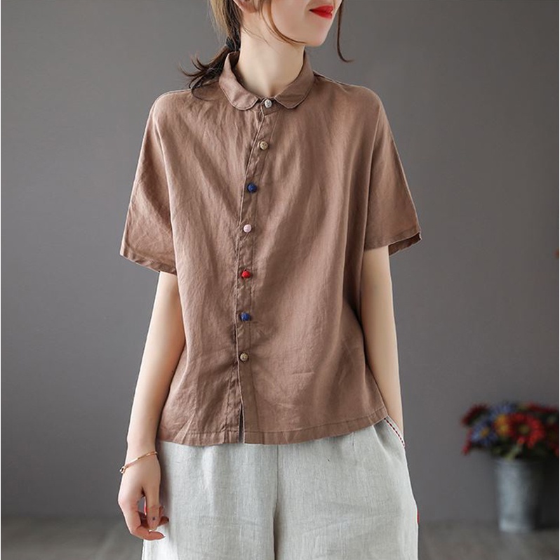 Ice linen cotton linen blouse slant placket color buttons lapel cotton linen short-sleeved T-shirt linen shirt
