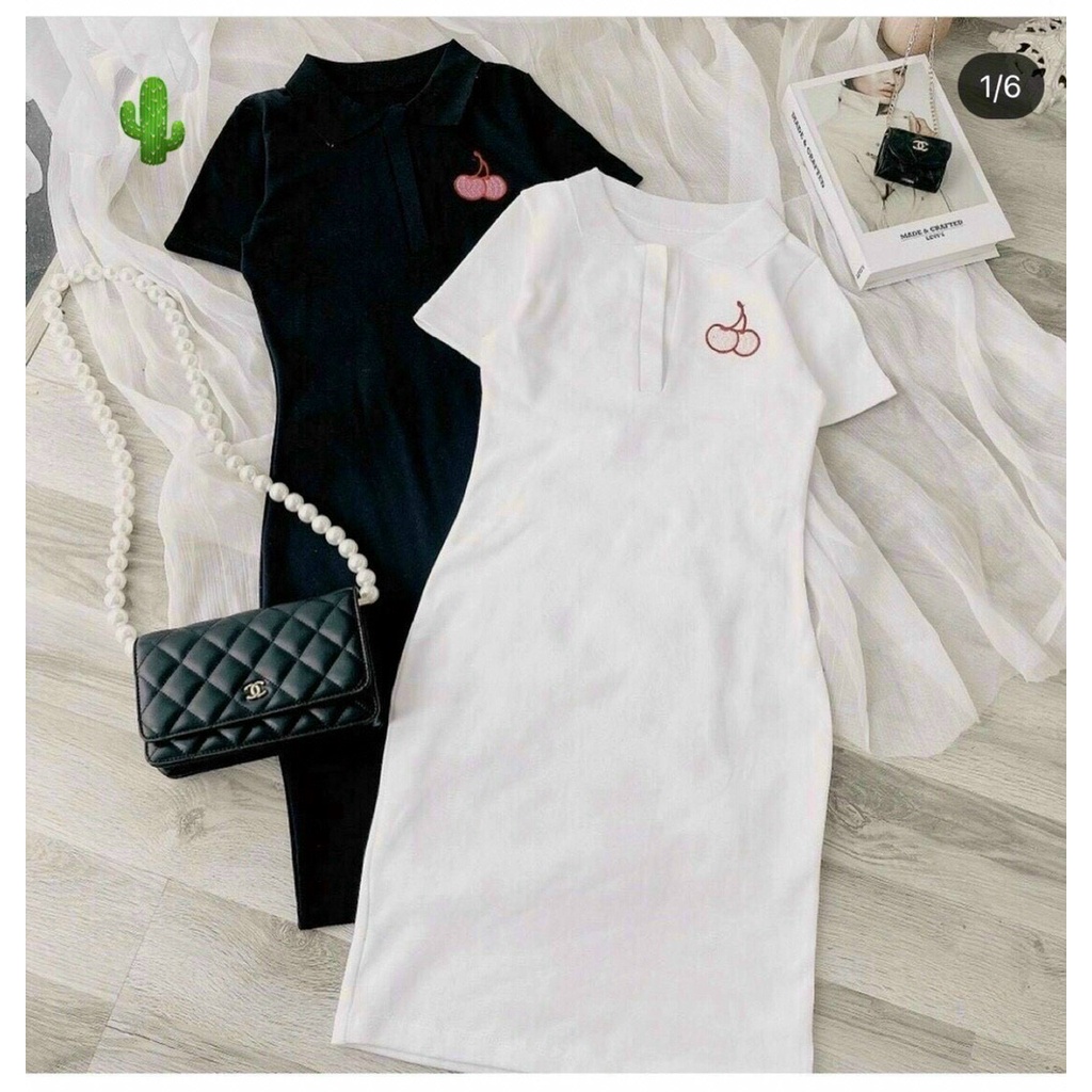 đầm sang chảnh cổ bẻ xinh thêu cherry hot hit