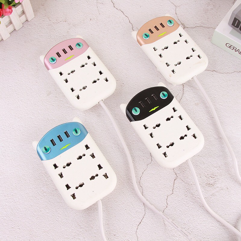 Ổ Cắm Điện Hình Mèo Thông Minh Kèm 3 Cổng Sạc USB