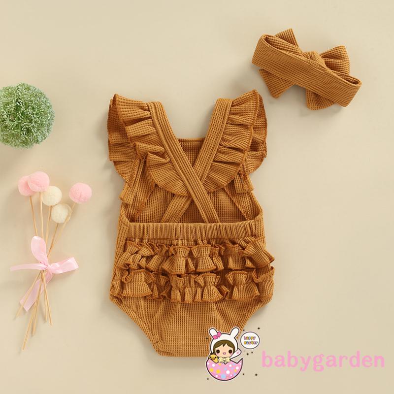 Bộ Áo Liền Quần Tam Giác Không Tay Phối Bèo Màu Cầu Vồng Kèm Băng Đô Xinh Xắn Cho Bé Gái 0-18 Tháng Tuổi