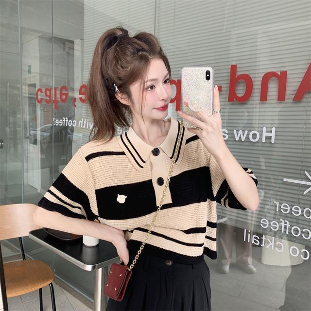 Áo polo Dệt Kim Ngắn Tay Họa Tiết Kẻ Sọc Thời Trang Mùa Hè Cho Nữ JH-TX-161