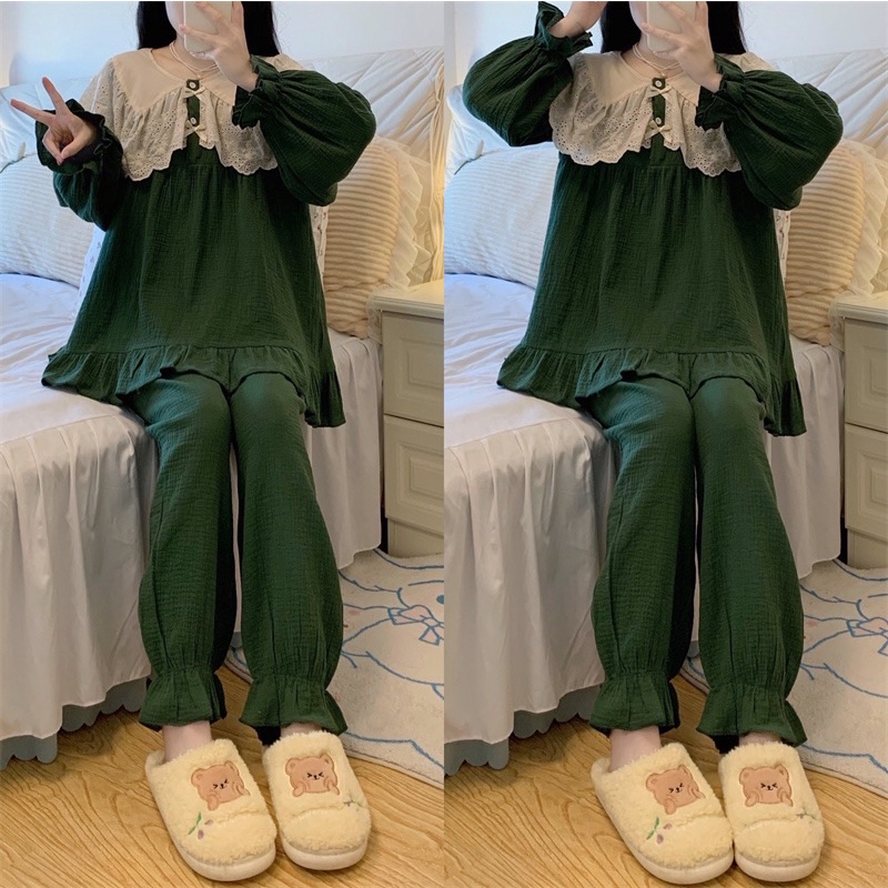 New SET BỘ ĐỒ MẶC NHÀ TIỂU THƯ QUẢNG CHÂU XÔ MUSLIN XANH PHỐI BÈO rẻ nhất shopee