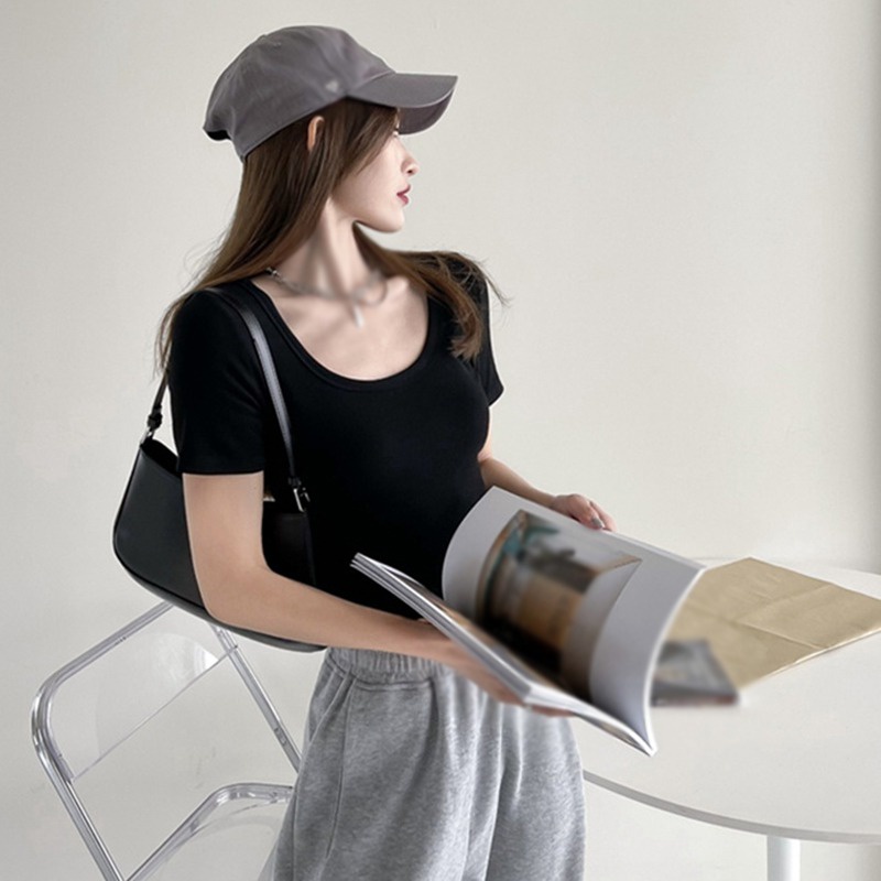 Áo Thun Croptop Tay Ngắn Cổ Vuông Màu Sắc Trơn Thời Trang Cho Nữ