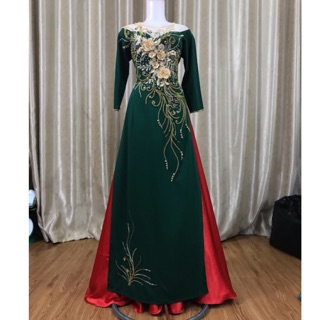 Áo dài xanh rêu💥FREESHIP 💥 Áo cổ phối đính kết hoa ren sang trọng quý phái 2 tà