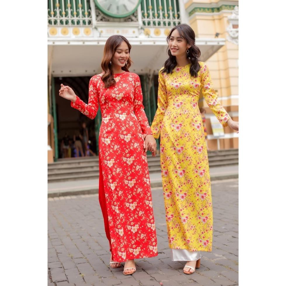 Áo dài truyền thống nữ màu đỏ vàng vải gấm dãn hoa mai in cổ tròn có nhiều size | BigBuy360 - bigbuy360.vn