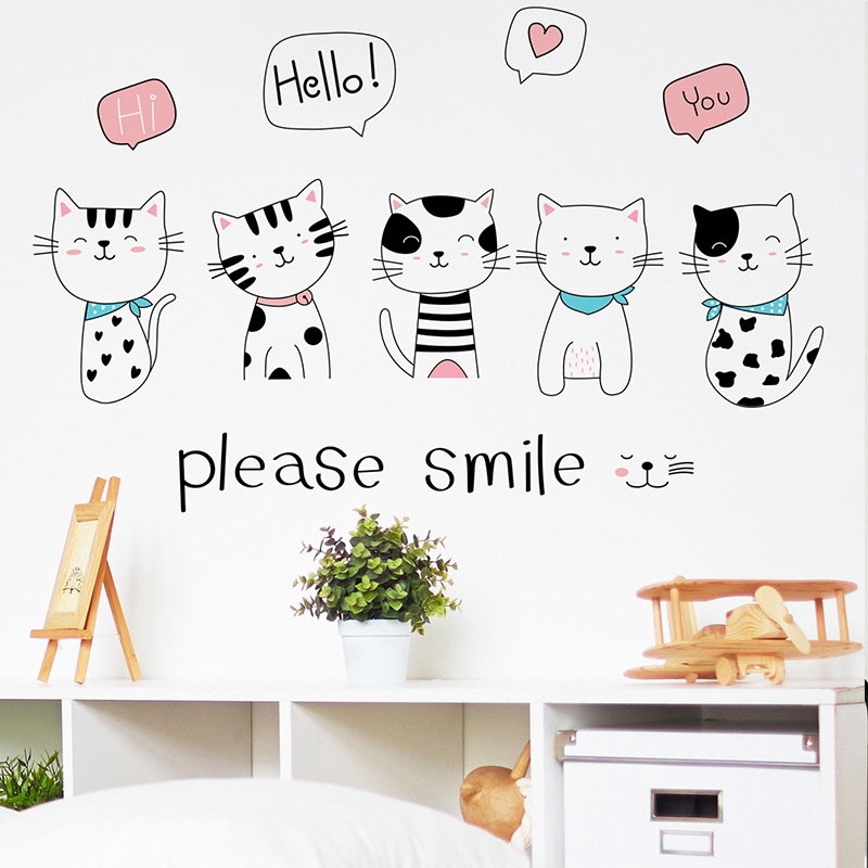 Miếng Dán Tường Trang Trí Phòng Trẻ Em Mẫu Giáo Hình Mèo Cười Hoạt Hình Dễ Thương