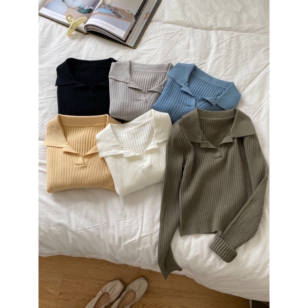 Croptop cổ bẻ len tăm nữ